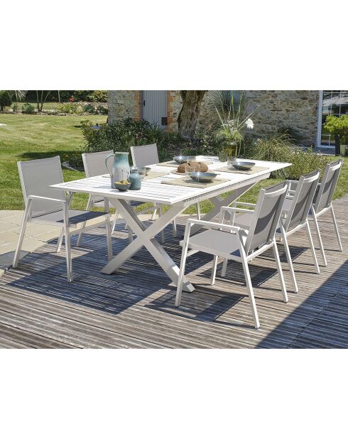 FLORIDE Gartengarnitur mit Verlängerung+6 weiße stapelbare Sessel