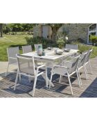 FLORIDE Gartengarnitur mit Verlängerung + 8 weiße stapelbare Sessel