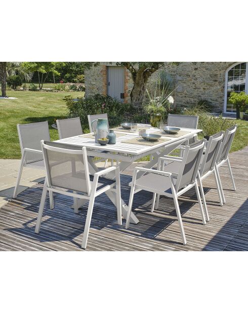 FLORIDE Gartengarnitur mit Verlängerung + 8 weiße stapelbare Sessel