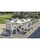 FLORIDE Gartengarnitur mit Verlängerung + 8 weiße stapelbare Sessel
