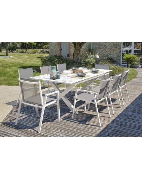 FLORIDE Gartengarnitur mit Verlängerung + 8 weiße stapelbare Sessel