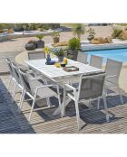 FLORIDE Gartengarnitur mit Verlängerung + 8 weiße stapelbare Sessel