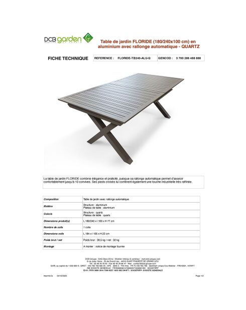 Gartentisch Florida aus Aluminium mit Quarzverlängerung - 180/240x100x77 cm