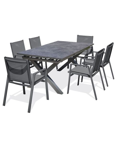 Gartenset FLORIDE Tisch mit Verlängerung + 6 anthrazitgraue stapelbare Sessel