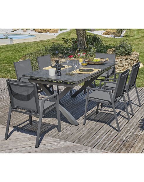 Gartenset FLORIDE Tisch mit Verlängerung + 6 anthrazitgraue stapelbare Sessel