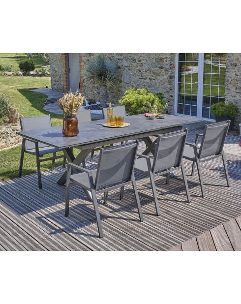 Gartenset FLORIDE Tisch mit Verlängerung + 6 anthrazitgraue stapelbare Sessel