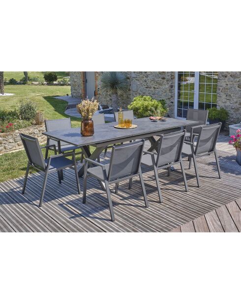 Gartenset FLORIDE Tisch mit Verlängerung + 8 stapelbare Sessel Anthrazitgrau