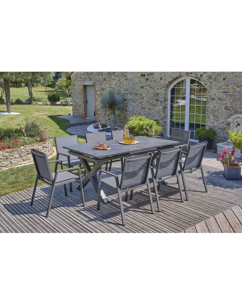 Gartenset FLORIDE Tisch mit Verlängerung + 8 stapelbare Sessel Anthrazitgrau