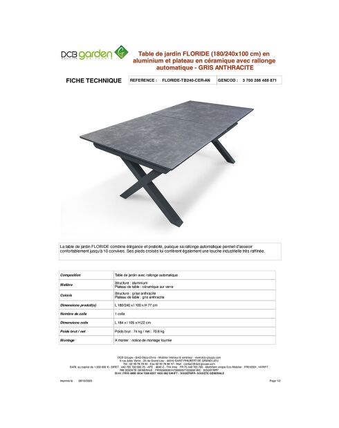 Gartenset FLORIDE Tisch mit Verlängerung + 8 stapelbare Sessel Anthrazitgrau