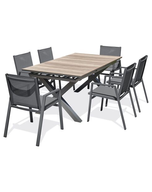 Gartenset FLORIDE Tisch mit Verlängerung + 6 anthrazitgraue stapelbare Sessel