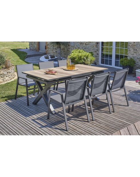 Gartenset FLORIDE Tisch mit Verlängerung + 6 anthrazitgraue stapelbare Sessel