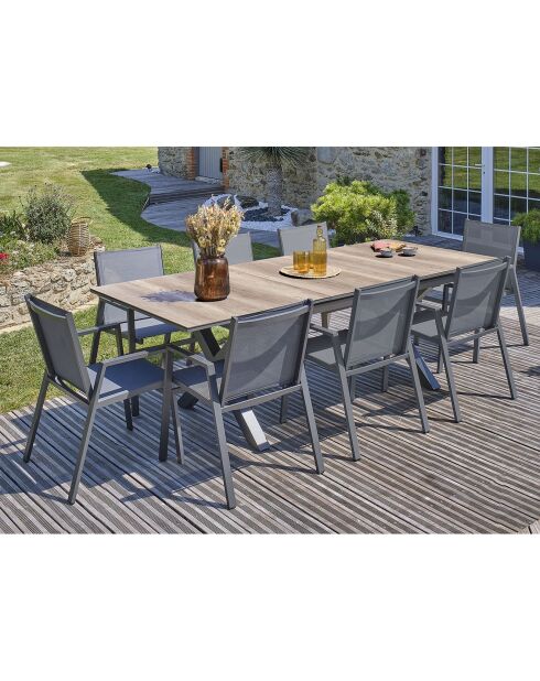 Gartenset FLORIDE Tisch mit Verlängerung + 8 stapelbare Sessel Anthrazitgrau