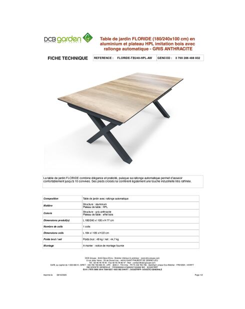 Gartenset FLORIDE Tisch mit Verlängerung + 8 stapelbare Sessel Anthrazitgrau