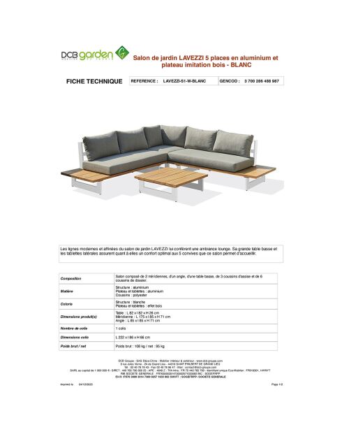 Mueble de jardín Lavezzi de 5 plazas en aluminio y tapa blanca de imitación madera