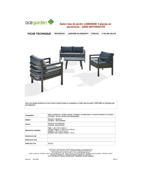 Salon de jardin Lisbonne 4 places en aluminium  gris anthracite