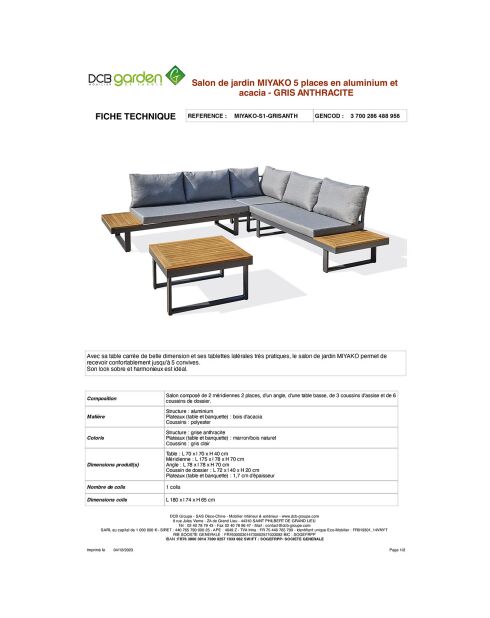 Mueble de jardín Miyako de 5 plazas en aluminio y acacia gris antracita
