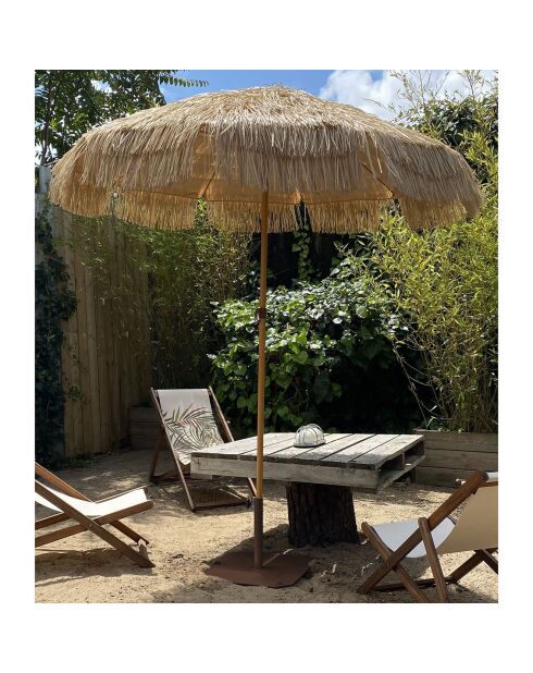 Sombrilla con flecos HAWAI de acero con acabado en madera marrón - D.200