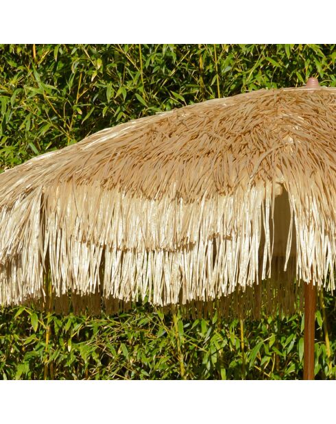 Sombrilla con flecos HAWAI de acero con acabado en madera marrón - D.200