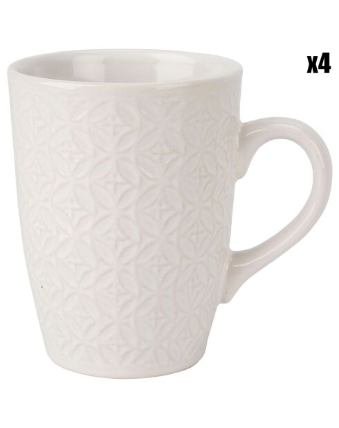 4 Mugs en grès Charme blancs - 33 cl