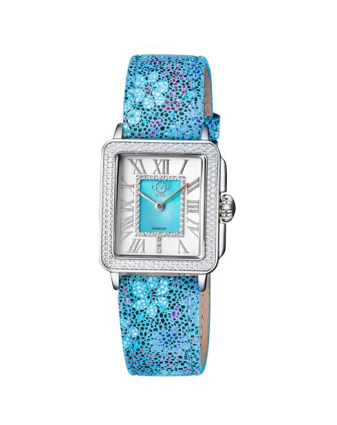 Montre Padova Floral Femme Quartz en Cuir & Diamants 0.015 ct bleu fleuri