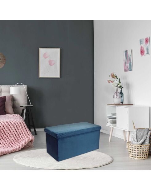 Coffre banc en velours pliable bleu - 76x38x38 cm