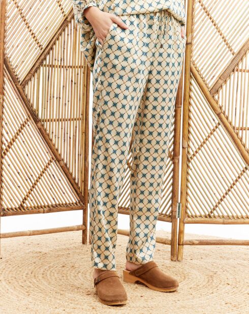 Pantalon Coleen imprimé myosotis beige/bleu