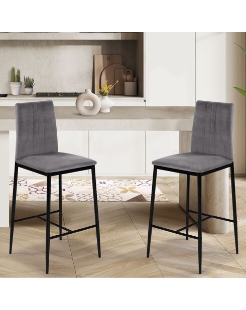 2 Tabourets de bar en Velours glam Jade gris foncé  - 43x46.5x100 cm