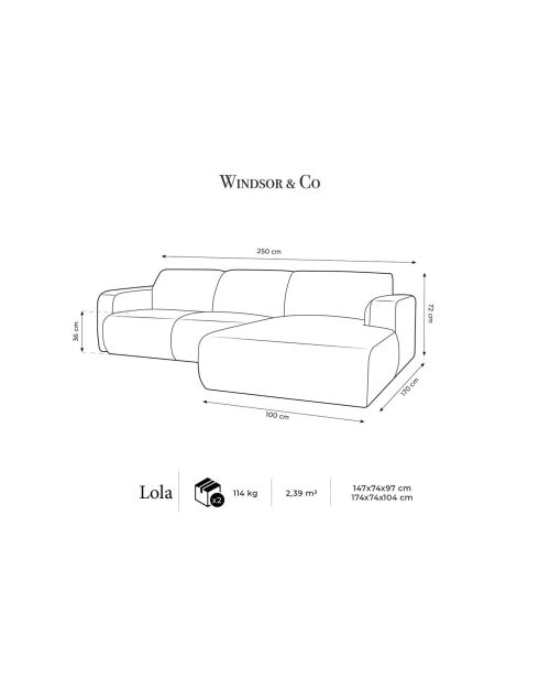 Canapé d'Angle droit en Velours Lola 4 places ciment - 250x170x72 cm