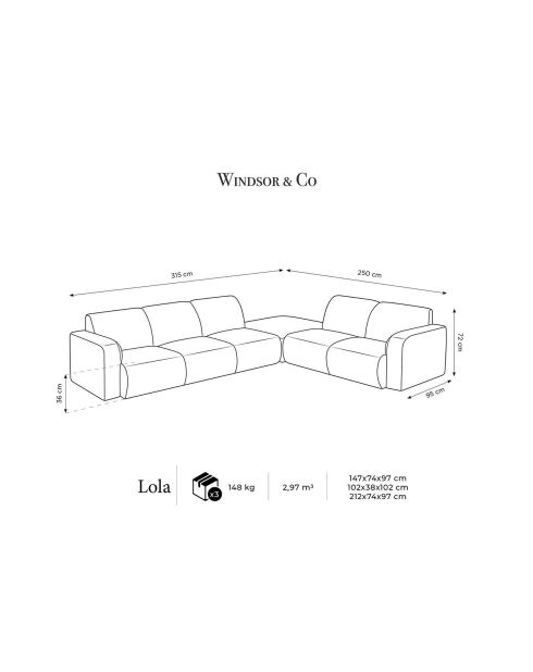 Canapé d'Angle droit en Velours Lola 4 places ciment - 250x170x72 cm