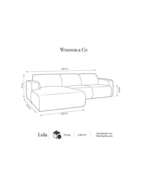Canapé d'Angle gauche en Velours Lola 4 places ciment - 250x170x72 cm