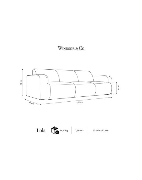 Canapé en Velours Lola 3 places beige clair - 235x95x72 cm