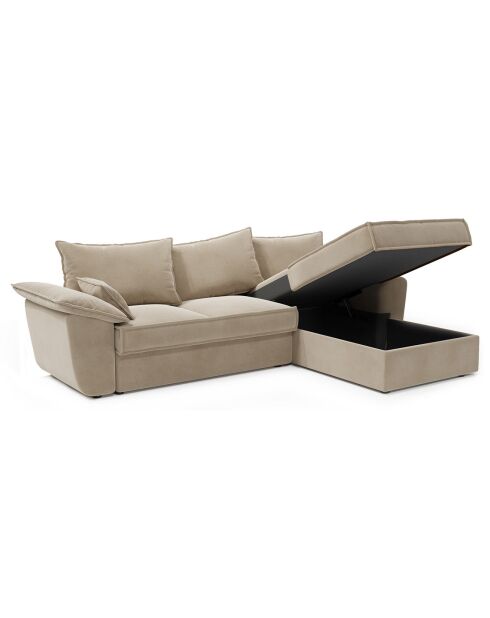 Divano angolare destro trasformabile Sasha in velluto beige - 257x93/168x88 cm