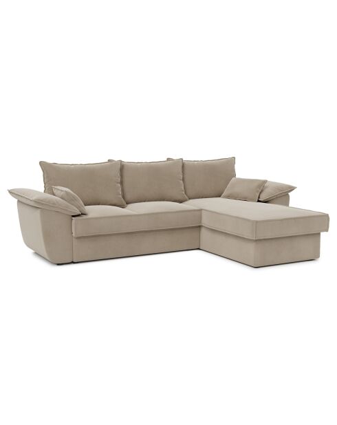 Canapé d'angle droit convertible en Velours Sasha beige - 257x93/168x88 cm