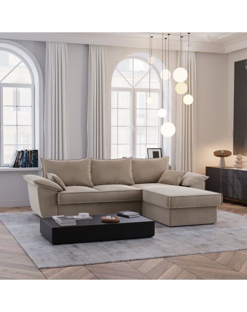Divano angolare destro trasformabile Sasha in velluto beige - 257x93/168x88 cm