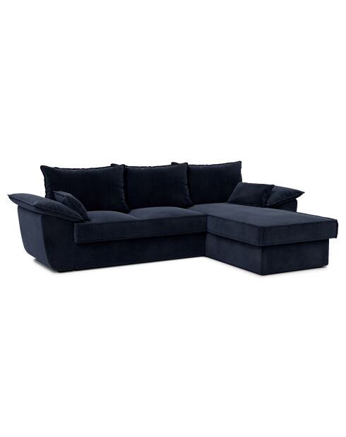 Canapé d'angle droit convertible en Velours Sasha bleu nuit - 257x93/168x88 cm