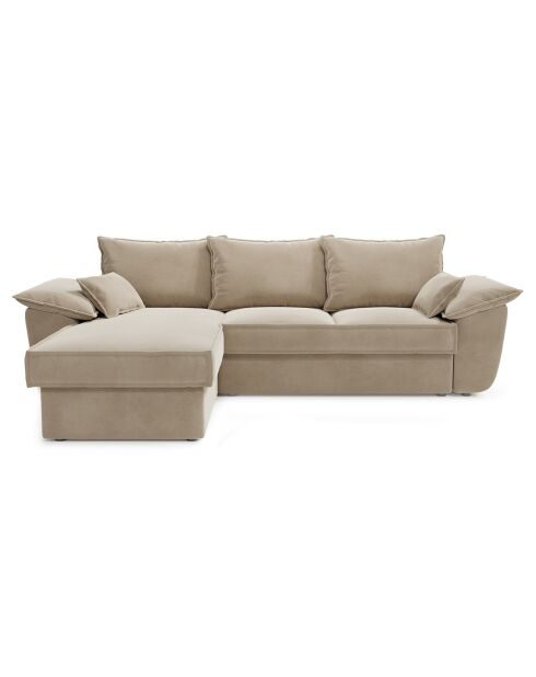 Divano angolare sinistro trasformabile Sasha in velluto beige - 257x93/168x88 cm