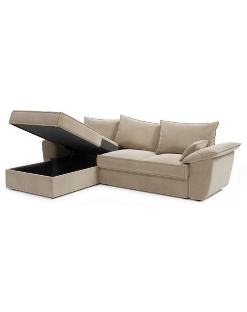 Divano angolare sinistro trasformabile Sasha in velluto beige - 257x93/168x88 cm