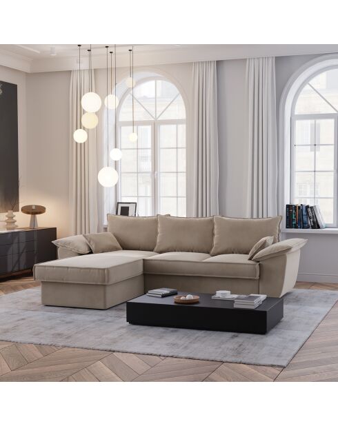 Divano angolare sinistro trasformabile Sasha in velluto beige - 257x93/168x88 cm