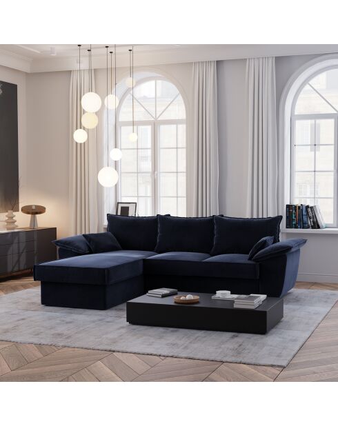 Canapé d'angle gauche convertible en Velours Sasha bleu nuit - 257x93/168x88 cm