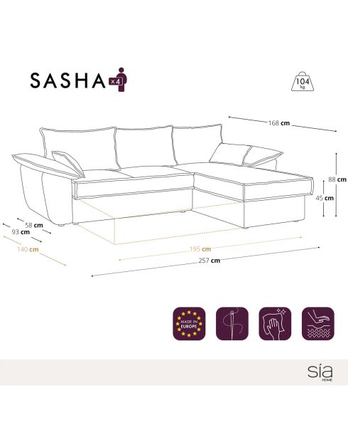 Sasha beige corduroy converteerbare hoekbank rechts - 257x93/168x88 cm