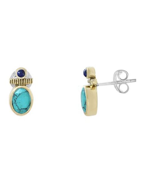 Boucles d'oreilles en Argent, Laiton doré, Turquoise reconstituée & Lapis