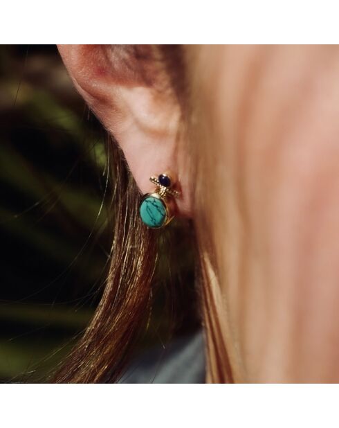 Boucles d'oreilles en Argent, Laiton doré, Turquoise reconstituée & Lapis