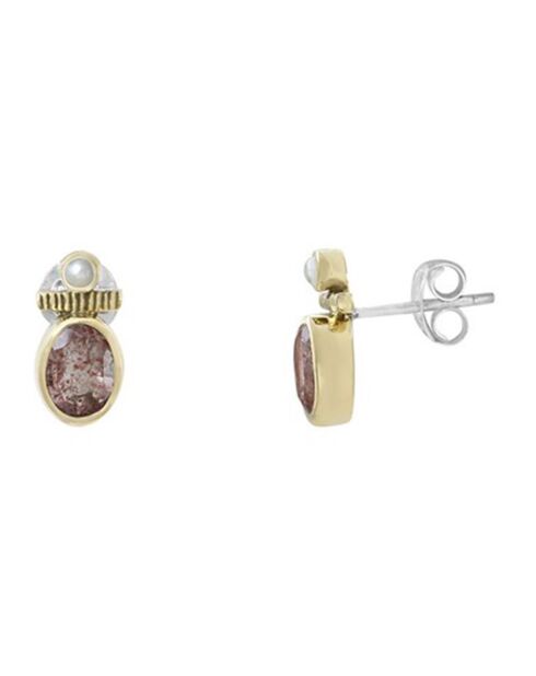 Boucles d'oreilles en Argent, Laiton doré, Quartz strawberry & Perle synthétique
