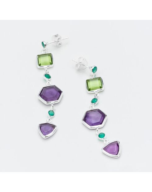 Boucles d'oreilles en Argent, Onyx vert, Améthyste & Verre