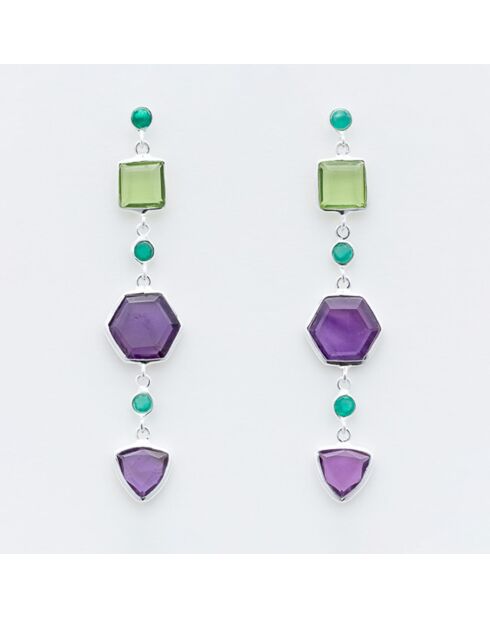 Boucles d'oreilles en Argent, Onyx vert, Améthyste & Verre