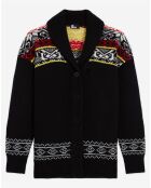 Cardigan 100% Laine col chale jacquard noir/rouge/jaune