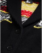 Cardigan 100% Laine col chale jacquard noir/rouge/jaune