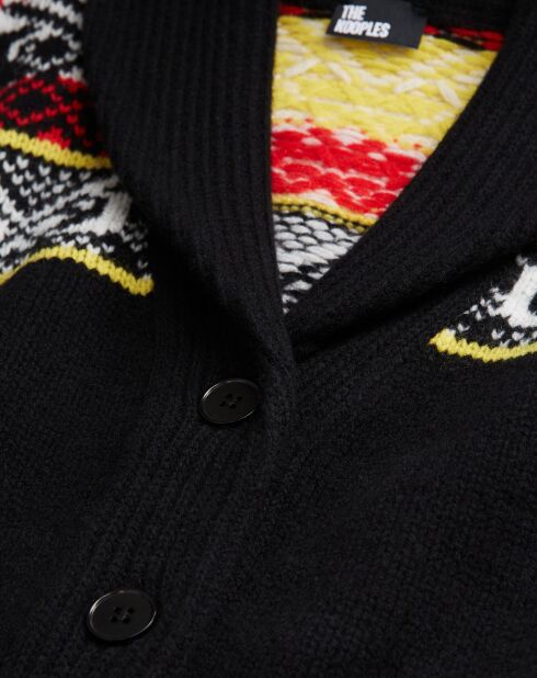 Cardigan 100% Laine col chale jacquard noir/rouge/jaune