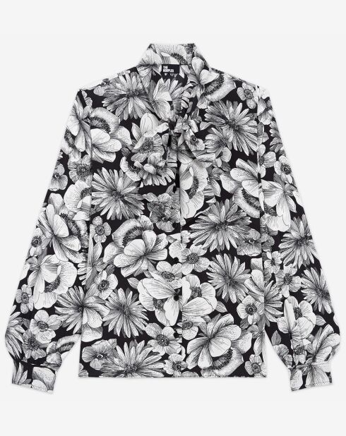 Chemise 100% Soie manches longues col Lavalière Print Romantic Garden noir/blanc