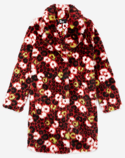 Manteau en Fausse Fourrure jacquard fleuri rouge foncé